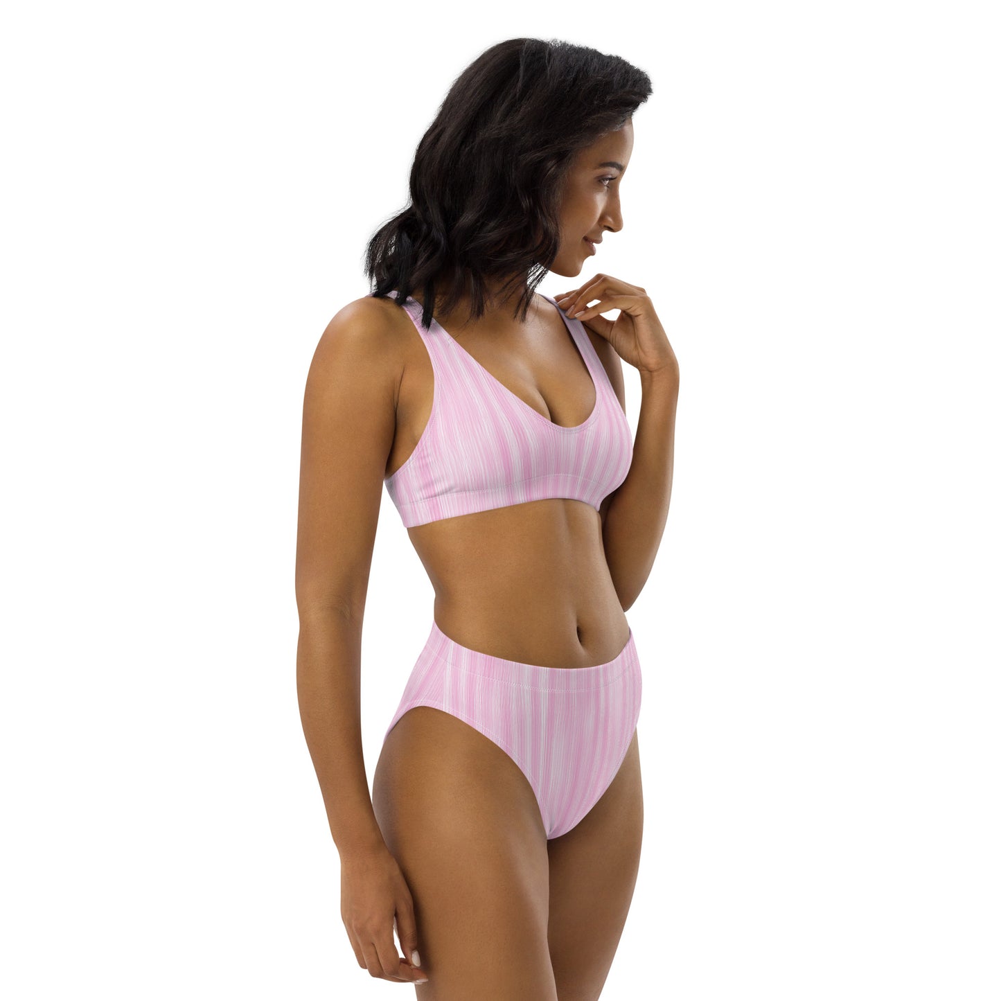 Ökologisch nachhaltiger Bikini mit hoher Taille – Pink Leaf