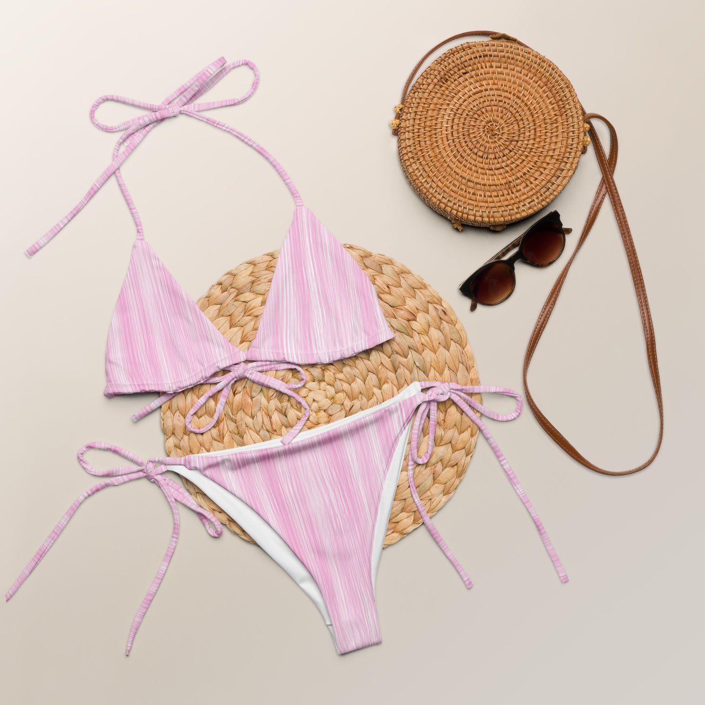 Bikini aus recyceltem Stoff mit Schnürsenkeln – Pink Leaf